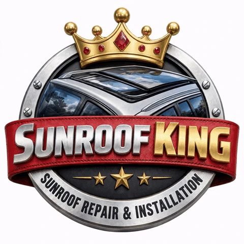 Sunroof King crest: a gold crown above a panoramic sunroof and the words Sunroof King