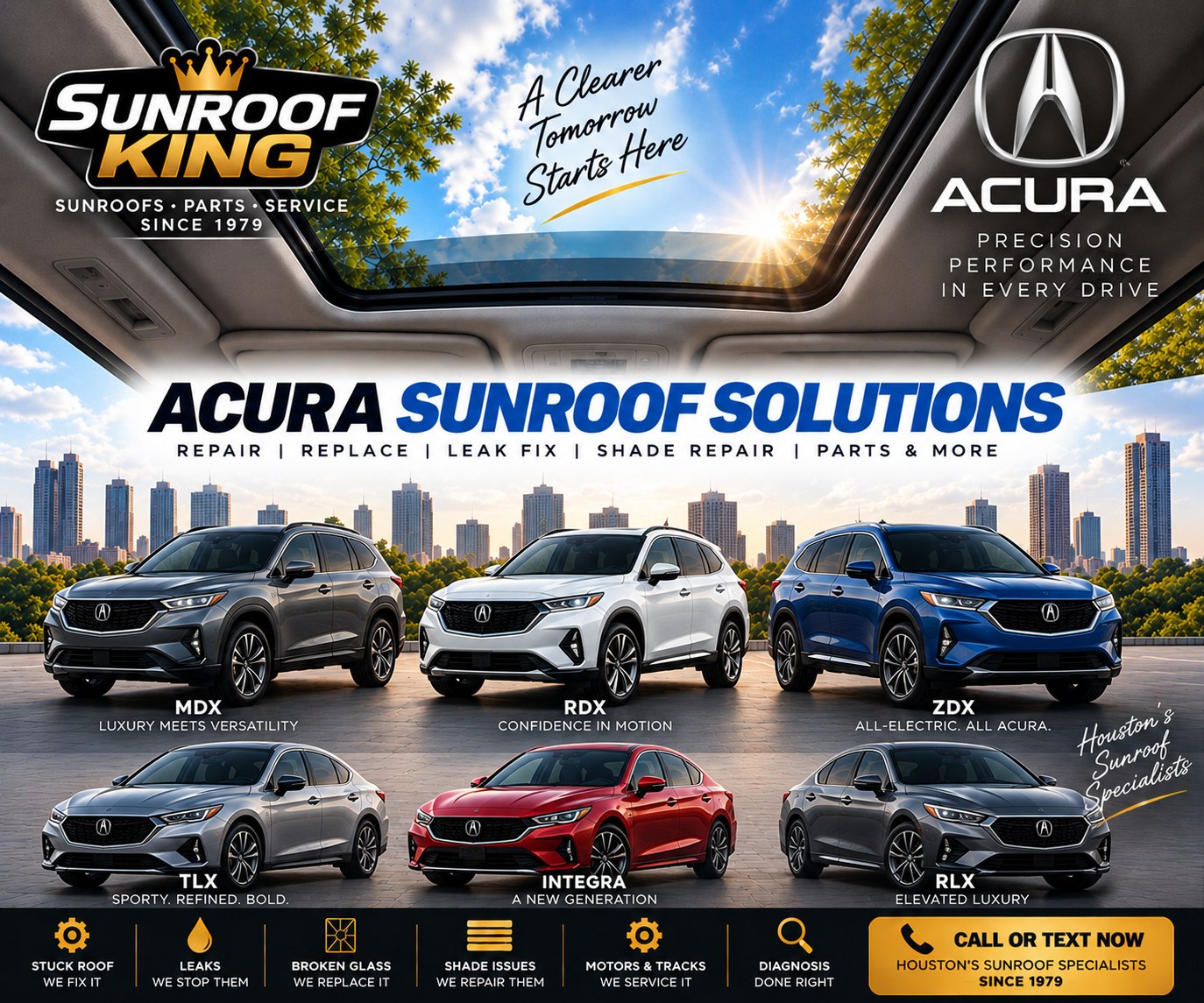 Sunroof King Acura sunroof and panoramic roof repair in Houston — MDX, RDX, ZDX, TLX and Integra