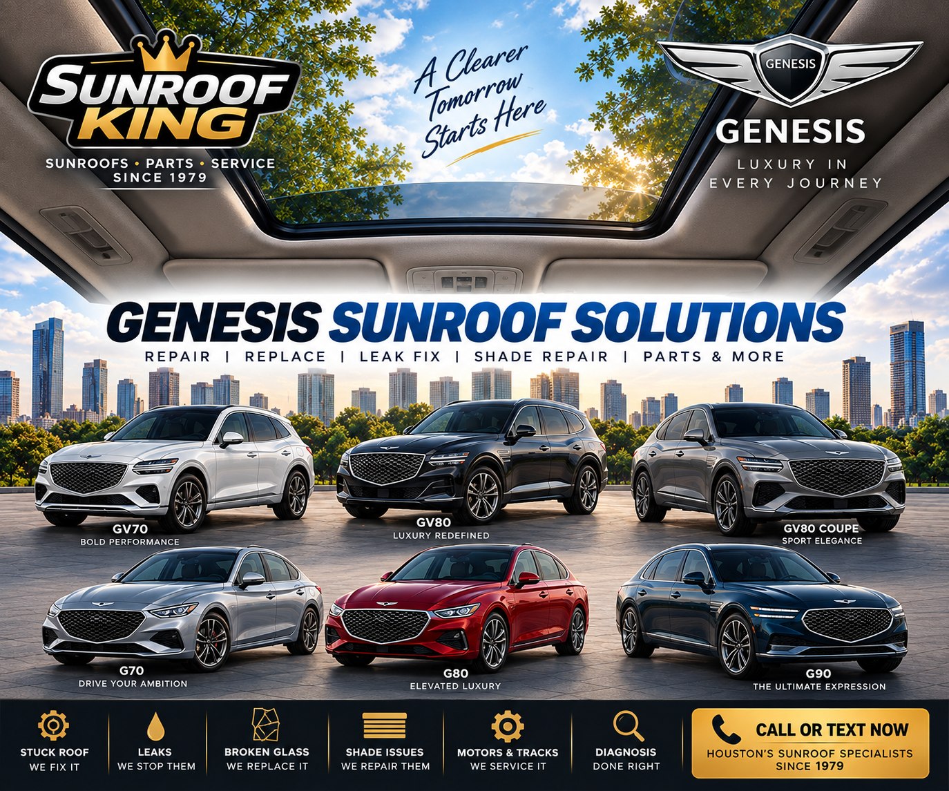 Sunroof King Genesis sunroof and panoramic roof repair in Houston — GV70, GV80, GV80 Coupe, G70, G80 and G90