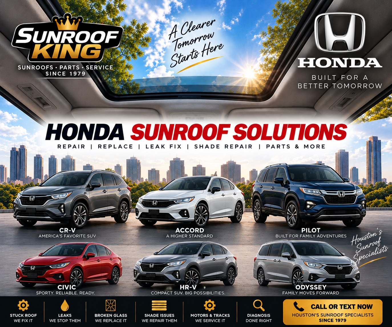 Sunroof King Honda sunroof and moonroof repair in Houston — CR-V, Accord, Pilot, Civic, HR-V and Odyssey
