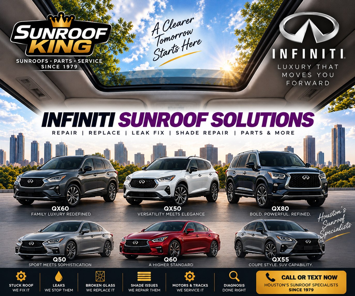Sunroof King Infiniti sunroof and panoramic roof repair in Houston — QX50, QX55, QX60, QX80, Q50 and Q60