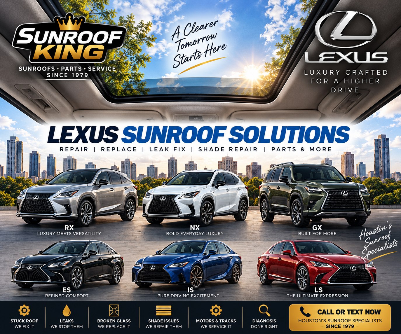 Sunroof King Lexus sunroof and moonroof repair in Houston — RX, NX, GX, ES, IS and LS