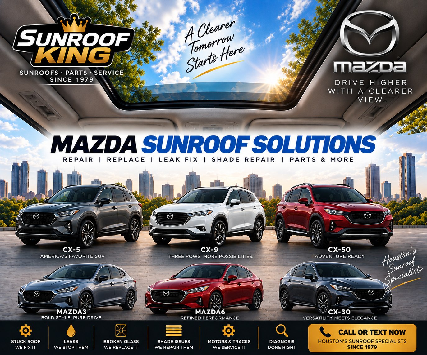 Sunroof King Mazda sunroof and panoramic roof repair in Houston — CX-5, CX-9, CX-50, CX-30, Mazda3 and Mazda6