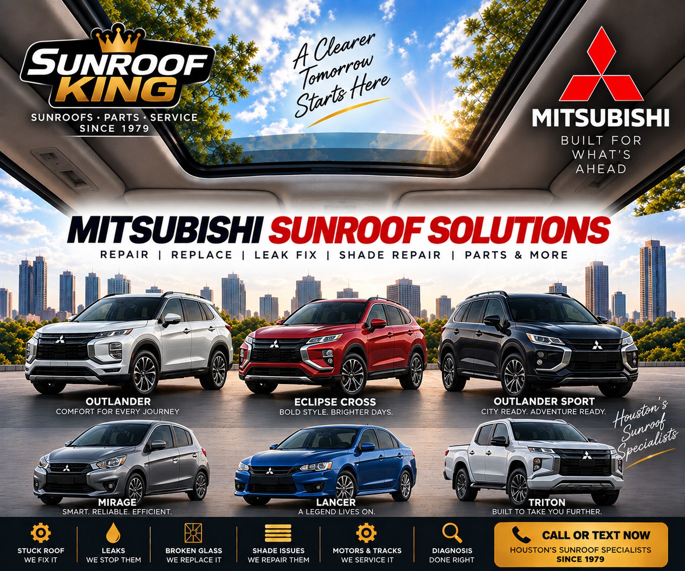 Sunroof King Mitsubishi sunroof and panoramic roof repair in Houston — Outlander, Eclipse Cross, Outlander Sport and Mirage