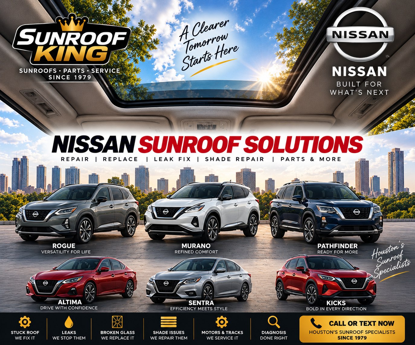 Sunroof King Nissan sunroof and panoramic roof repair in Houston — Rogue, Murano, Pathfinder, Altima, Sentra and Kicks