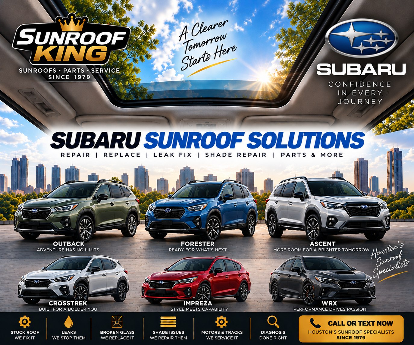 Sunroof King Subaru sunroof and panoramic roof repair in Houston — Outback, Forester, Ascent, Crosstrek, Impreza and WRX