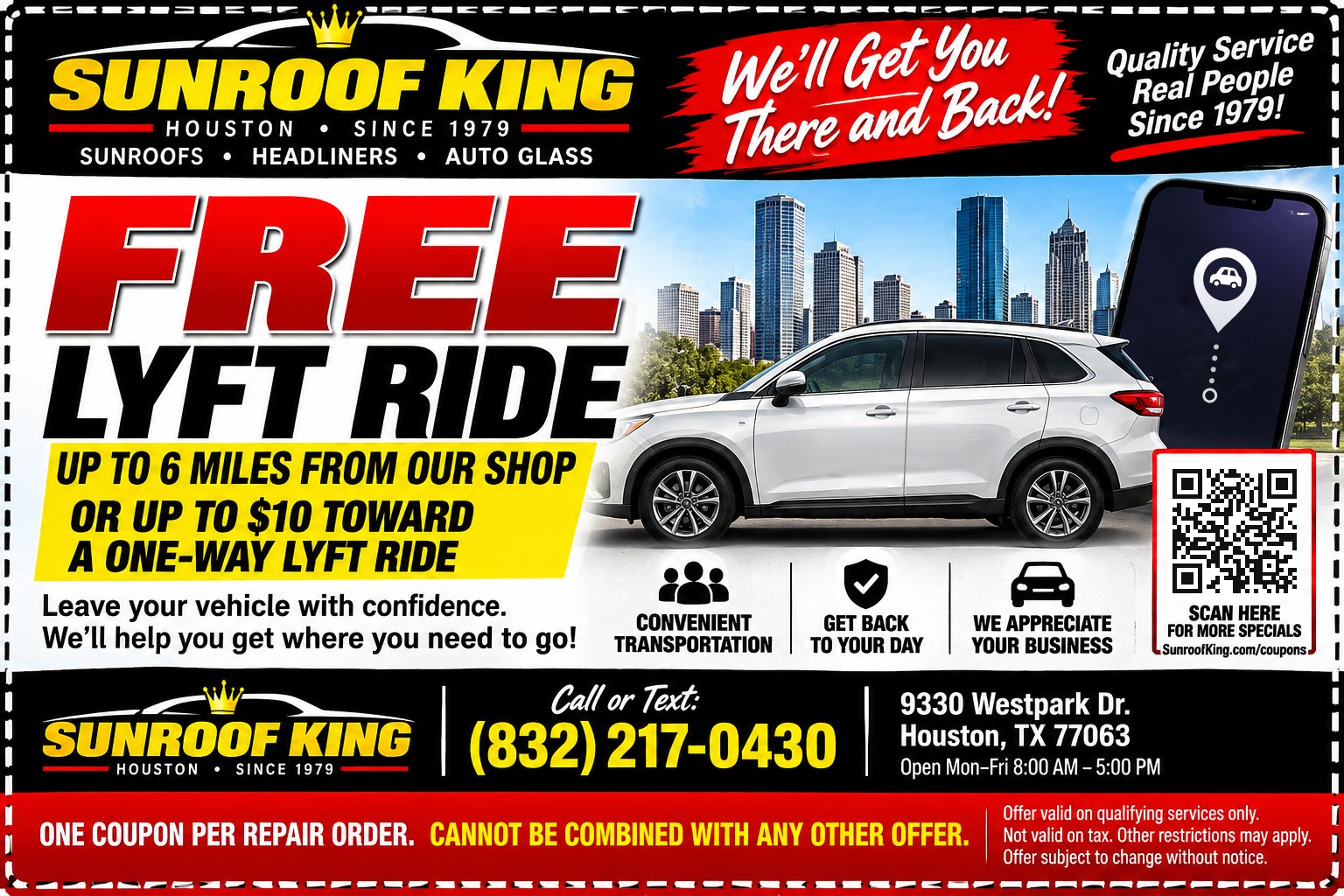 Sunroof King coupon: Free Lyft Ride. Up to 6 miles from our shop, or up to $10 toward a one-way Lyft ride.