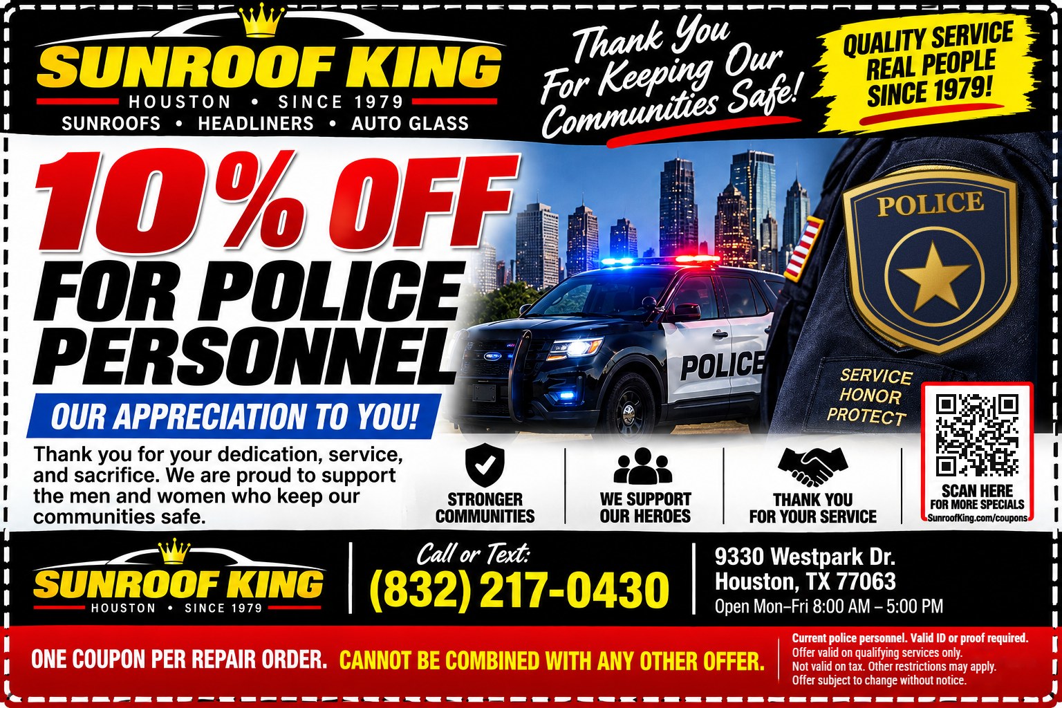 Sunroof King coupon: 10% Off for Police Personnel. Current police personnel. Valid ID or proof required.