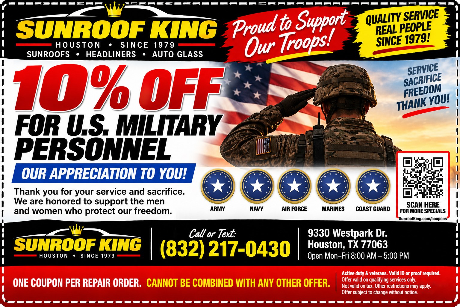 Sunroof King coupon: 10% Off for U.S. Military Personnel. Active-duty military and veterans. Valid ID or proof required.