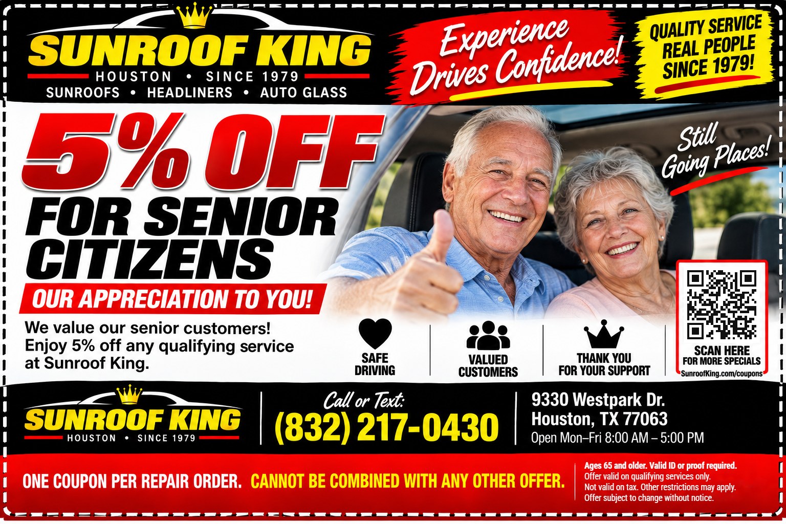 Sunroof King coupon: 5% Off for Senior Citizens. Ages 65 and older. Valid ID or proof required.