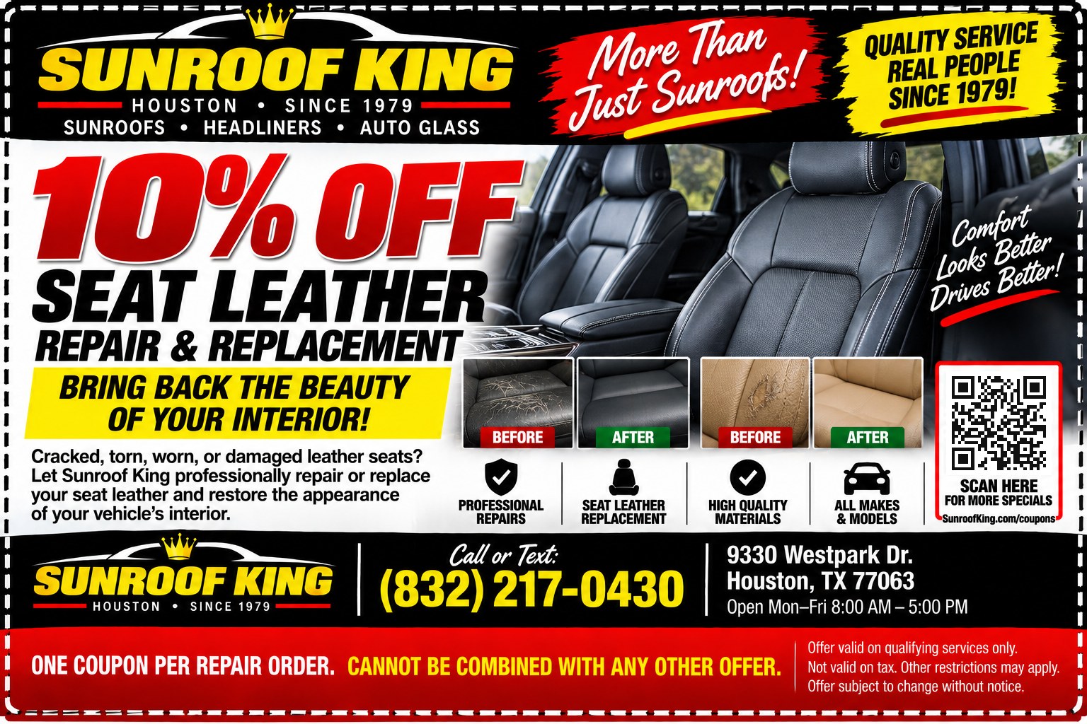 Sunroof King coupon: 10% Off Seat Leather Repair & Replacement. Qualifying seat leather repair or replacement.