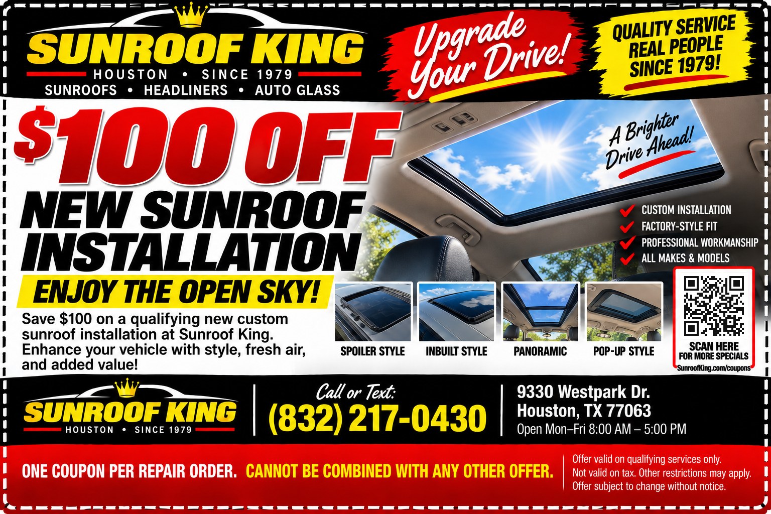 Sunroof King coupon: $100 Off New Sunroof Installation. Qualifying new custom sunroof installation.
