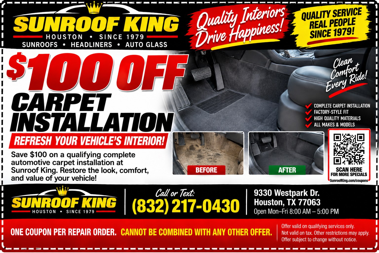Sunroof King coupon: $100 Off Carpet Installation. Qualifying complete automotive carpet installation.