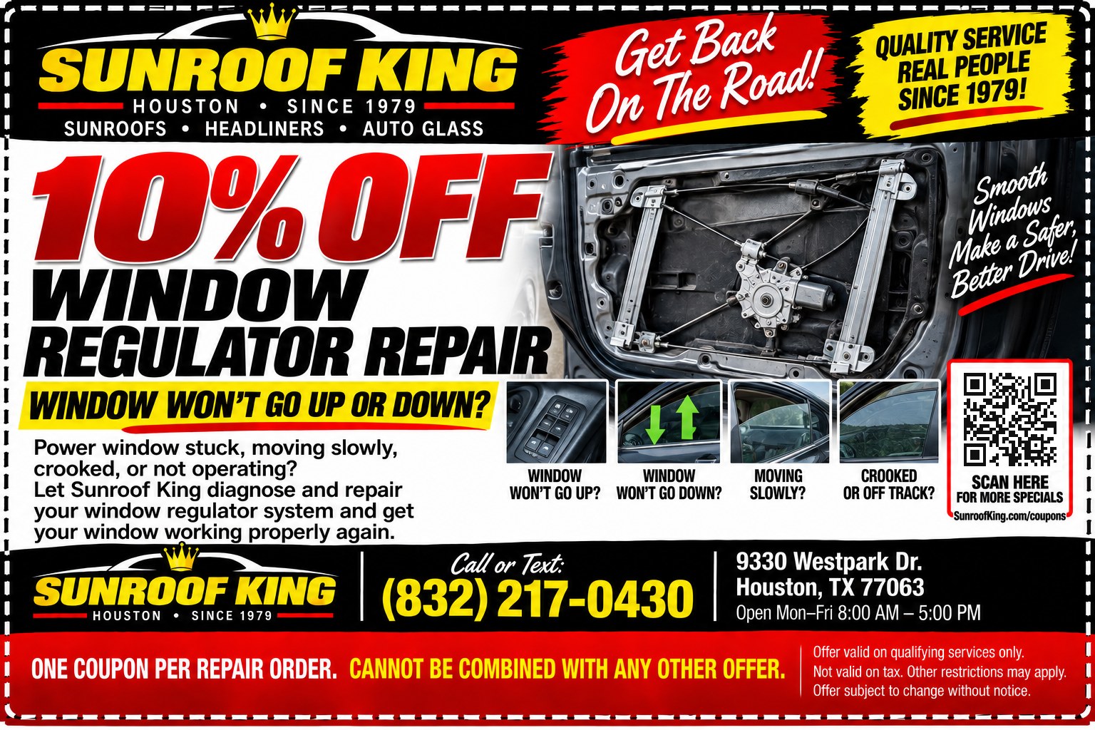 Sunroof King coupon: 10% Off Window Regulator Repair. Qualifying power window regulator repair.