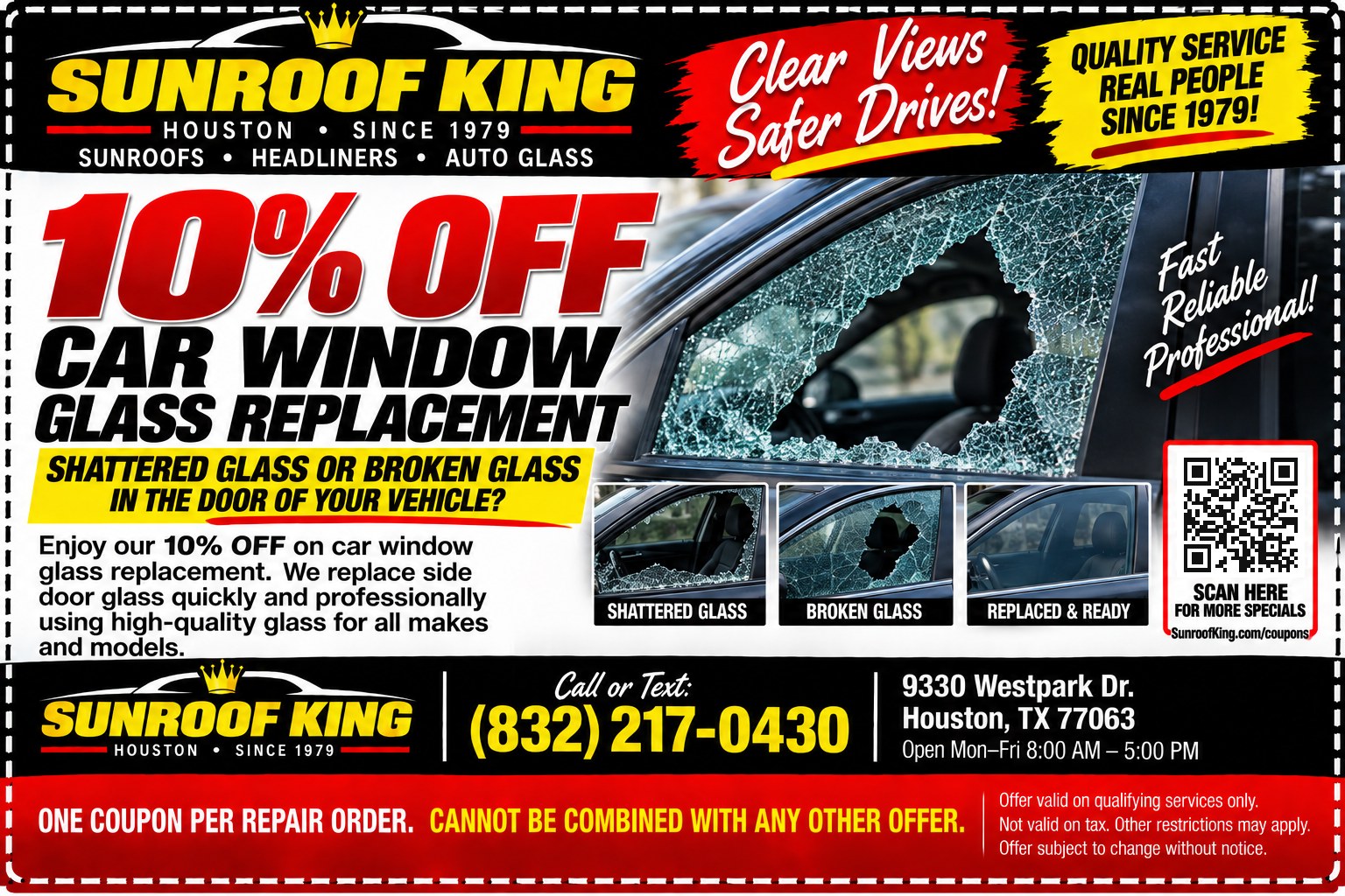Sunroof King coupon: 10% Off Car Window Glass Replacement. Qualifying side door glass replacement.