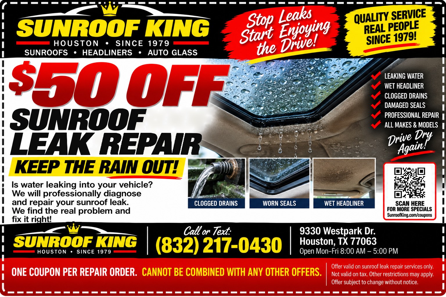 Sunroof King coupon: $50 Off Sunroof Leak Repair. Valid on sunroof leak repair services only.