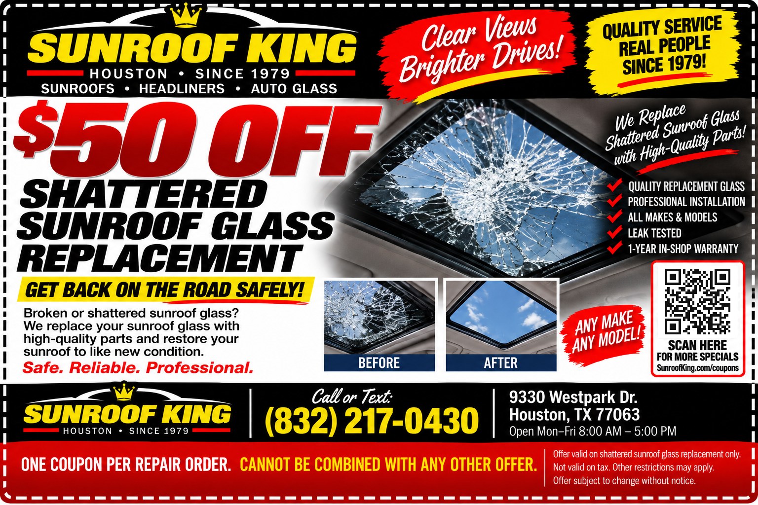 Sunroof King coupon: $50 Off Shattered Sunroof Glass Replacement. Valid on shattered sunroof glass replacement only.