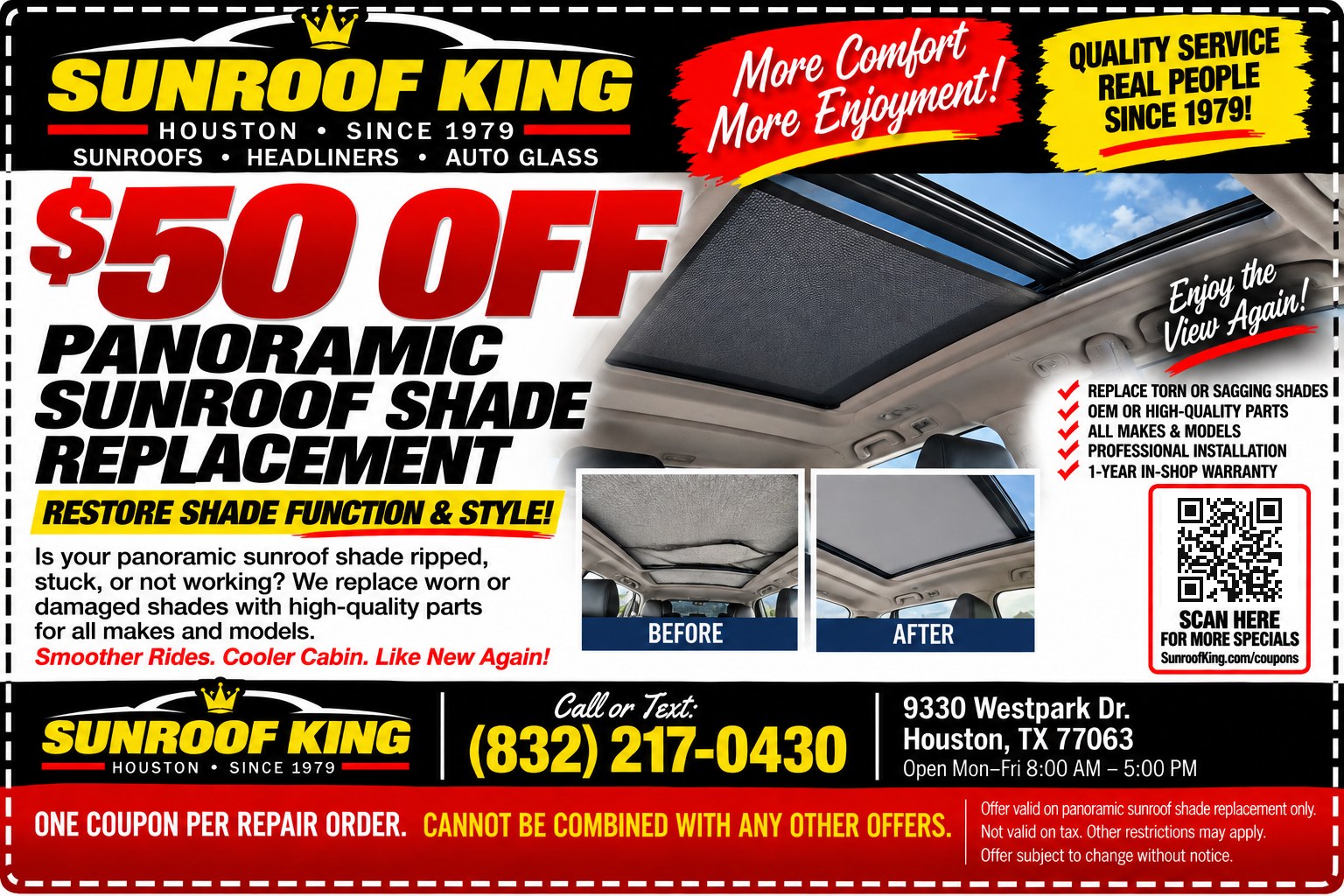 Sunroof King coupon: $50 Off Panoramic Sunroof Shade Replacement. Valid on panoramic sunroof shade replacement only.