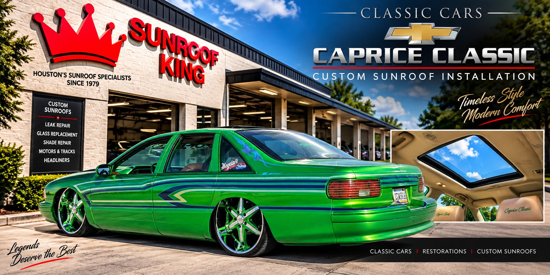 Green custom Chevrolet Caprice Classic outside the Sunroof King shop in Houston, with an inset view of the installed custom sunroof seen from inside the cabin