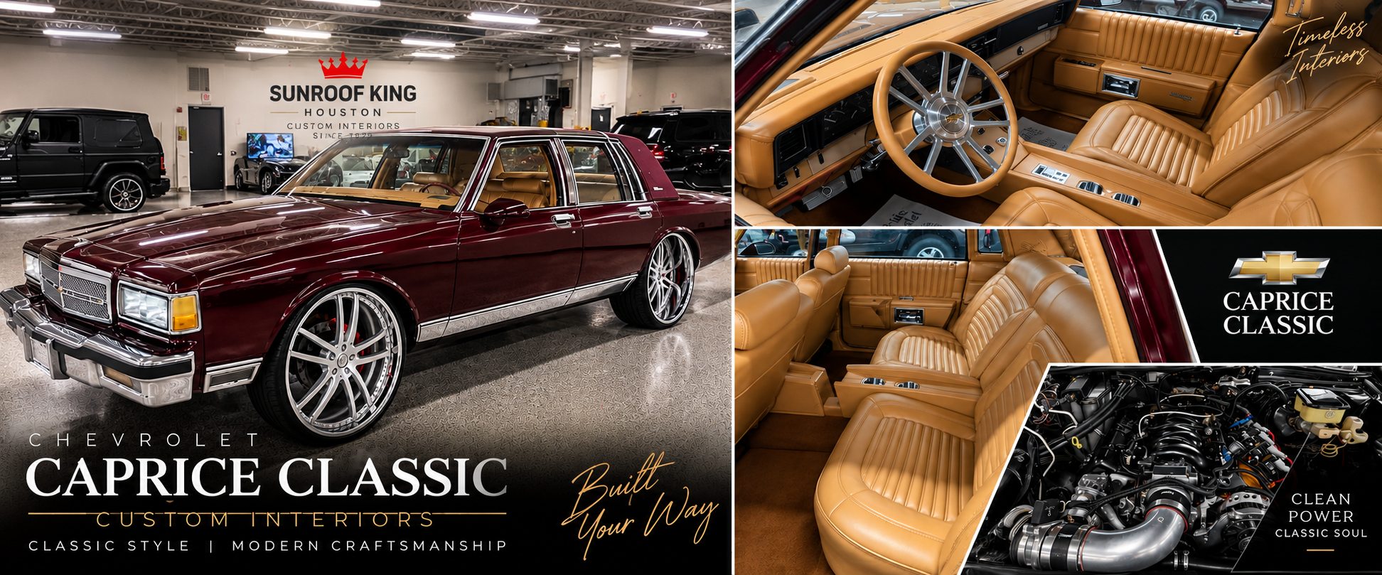 Sunroof King custom interior work for the Chevrolet Caprice Classic: quilted and perforated leather seating, stitched centre console, dashboard and door trim.
