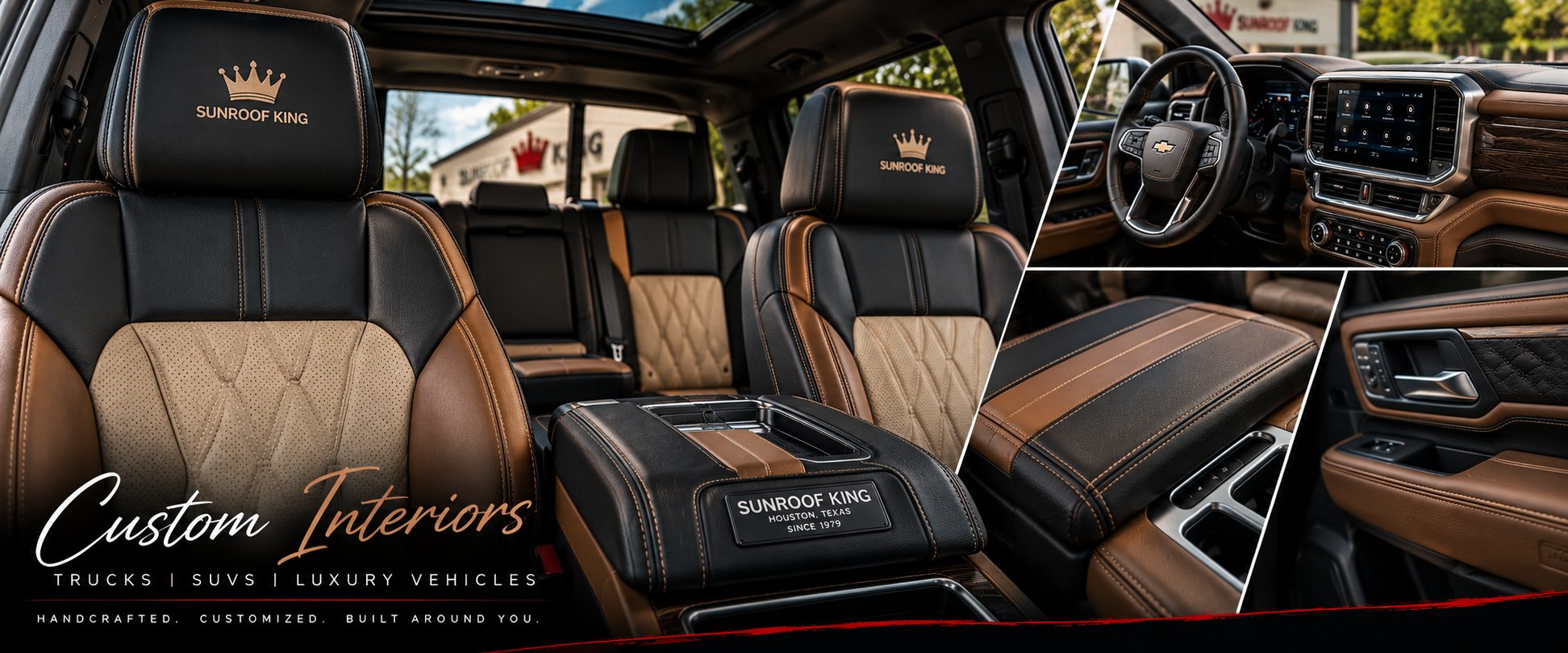 Sunroof King custom interior work for the Chevrolet Silverado: quilted and perforated leather seating, stitched centre console, dashboard and door trim.
