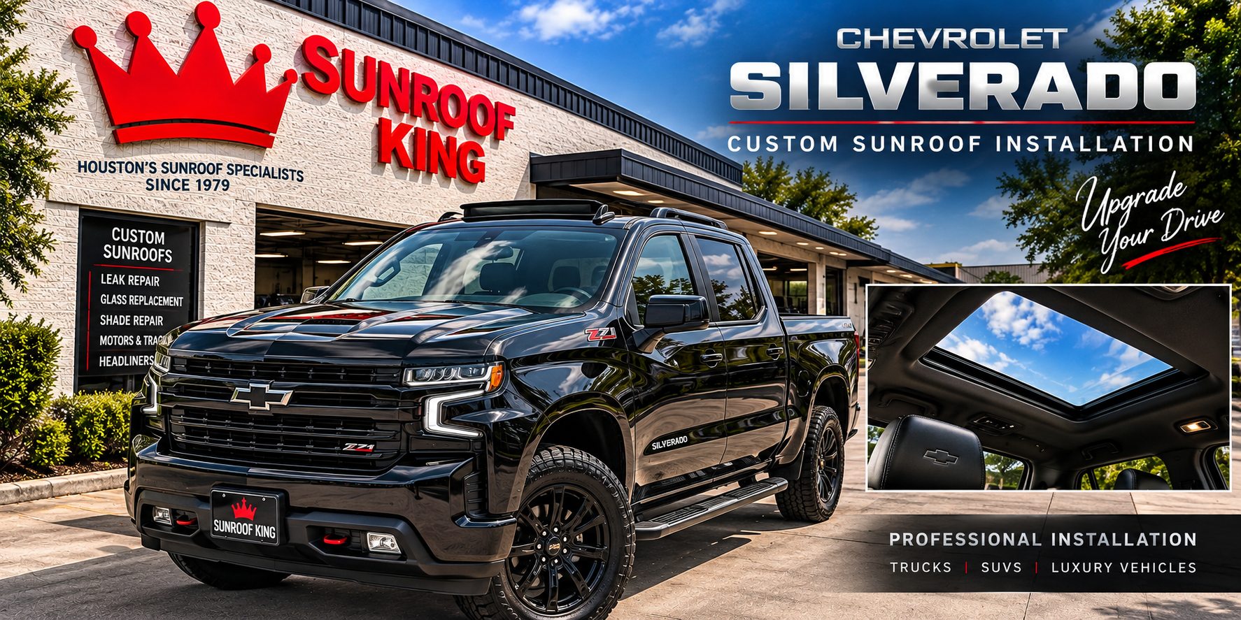 Black Chevrolet Silverado outside the Sunroof King shop in Houston, with an inset view of the installed custom sunroof seen from inside the cab