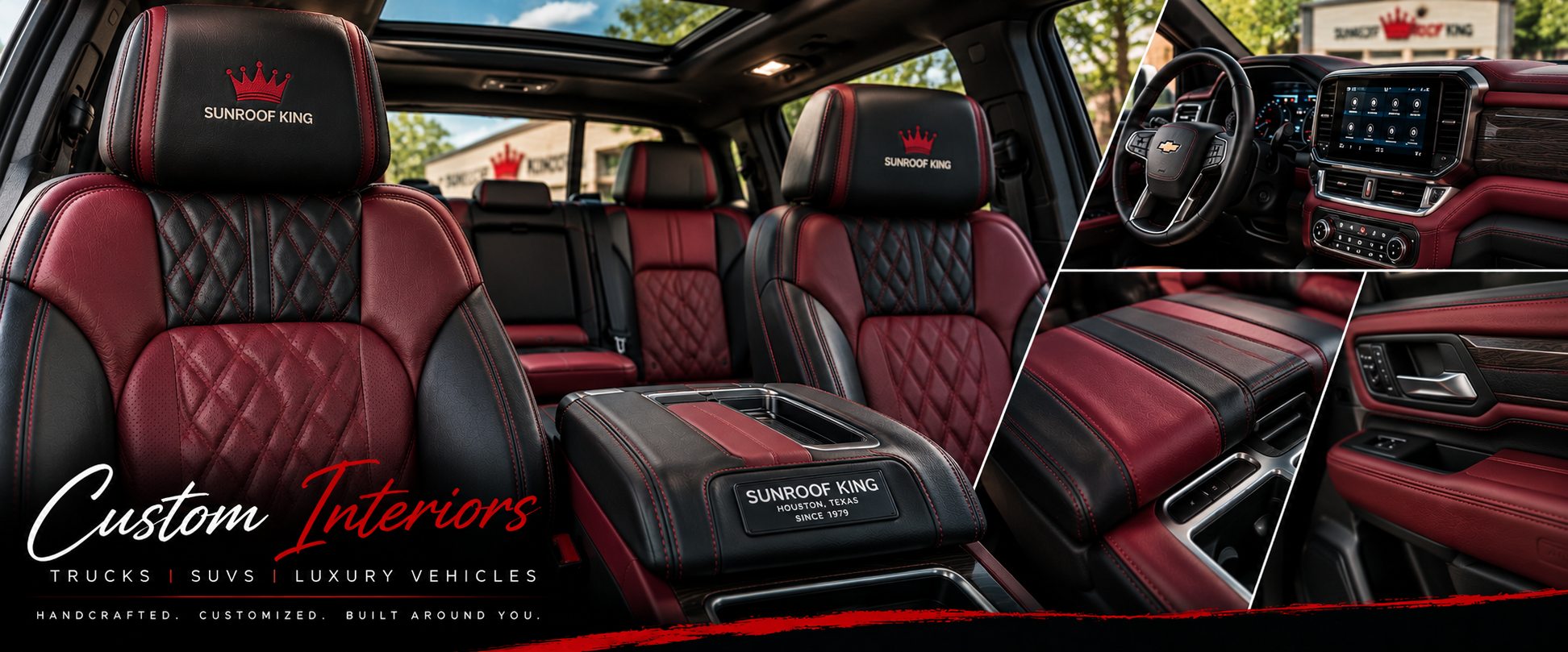 Sunroof King custom interior work for the Chevrolet Suburban: quilted and perforated leather seating, stitched centre console, dashboard and door trim.
