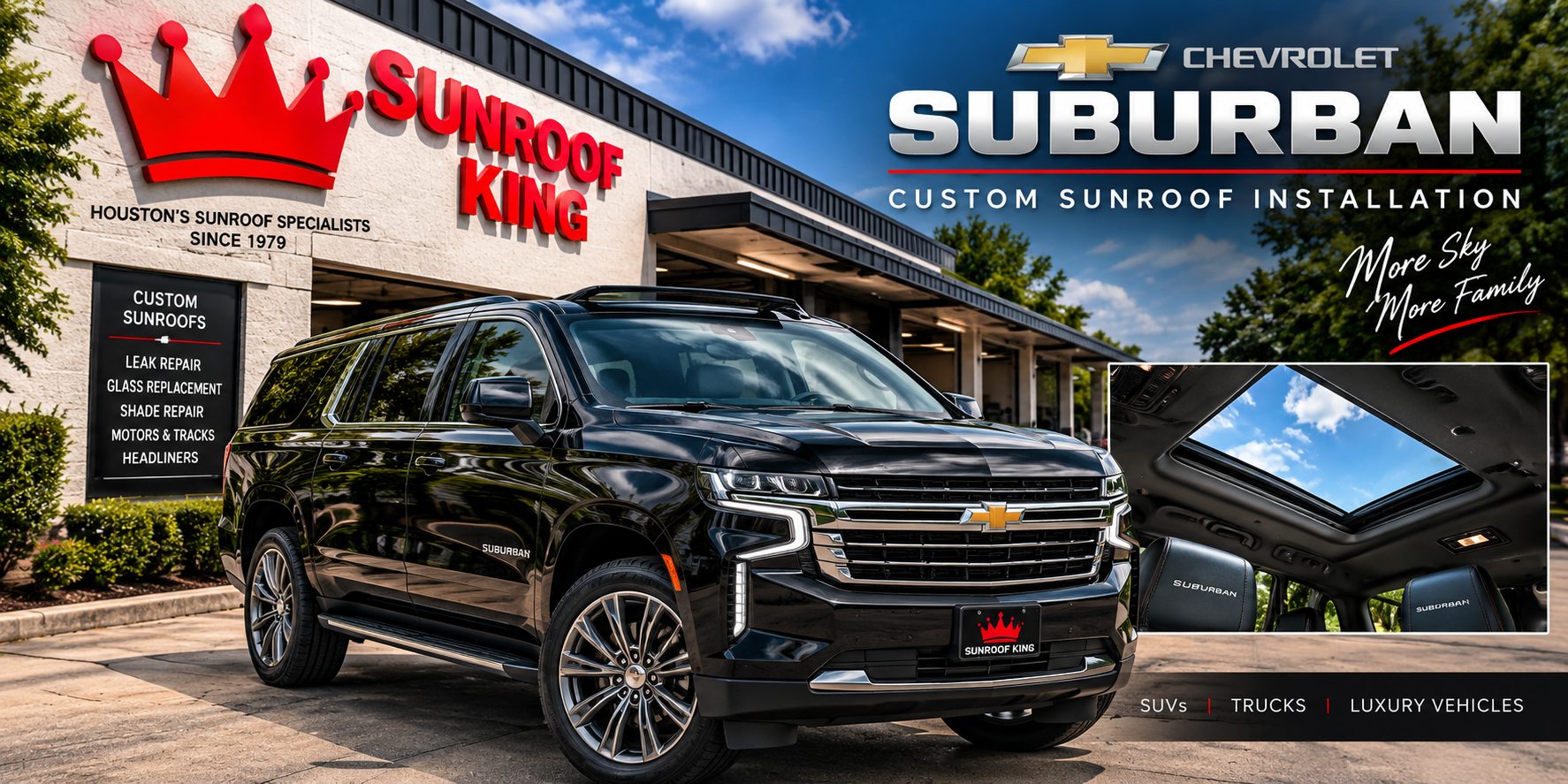 Black Chevrolet Suburban outside the Sunroof King shop in Houston, with an inset view of the installed custom sunroof seen from inside the cabin