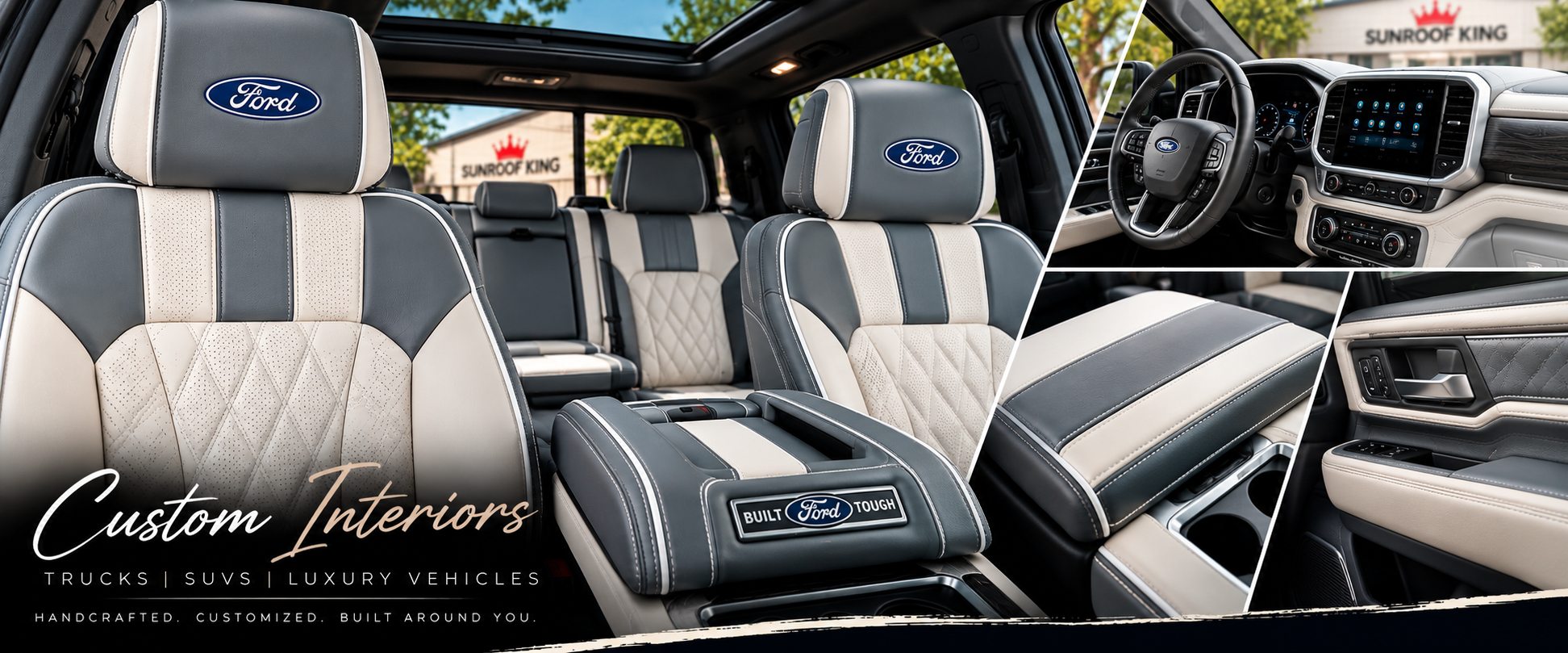 Sunroof King custom interior work for the Ford F-150: quilted and perforated leather seating, stitched centre console, dashboard and door trim.