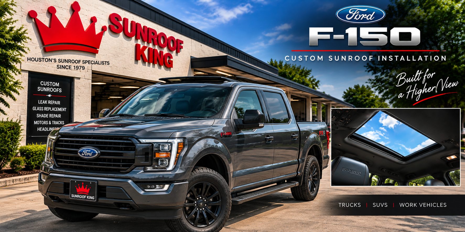 Grey Ford F-150 outside the Sunroof King shop in Houston, with an inset view of the installed custom sunroof seen from inside the cab