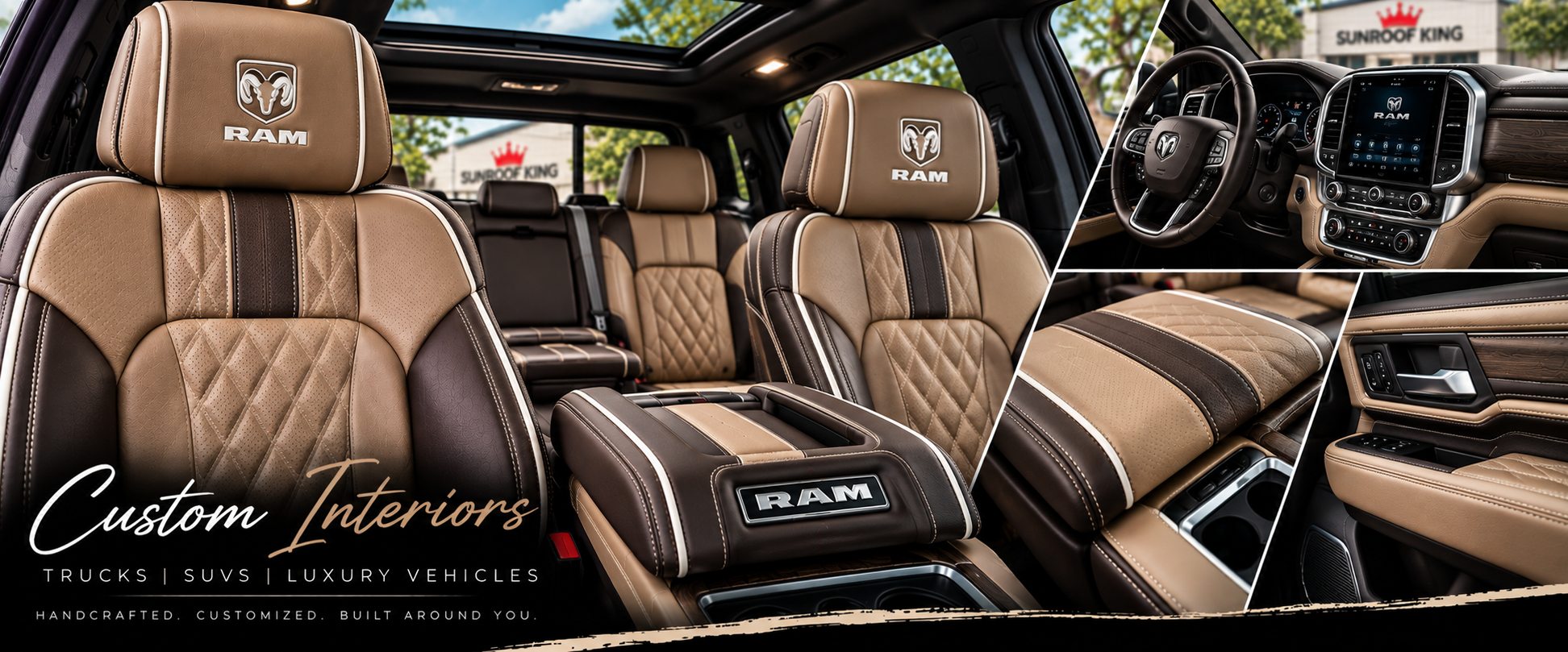 Sunroof King custom interior work for the RAM Truck: quilted and perforated leather seating, stitched centre console, dashboard and door trim.