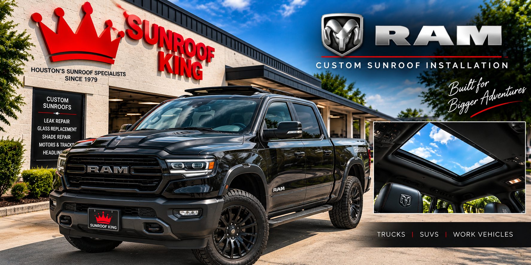 Black RAM truck outside the Sunroof King shop in Houston, with an inset view of the installed custom sunroof seen from inside the cab