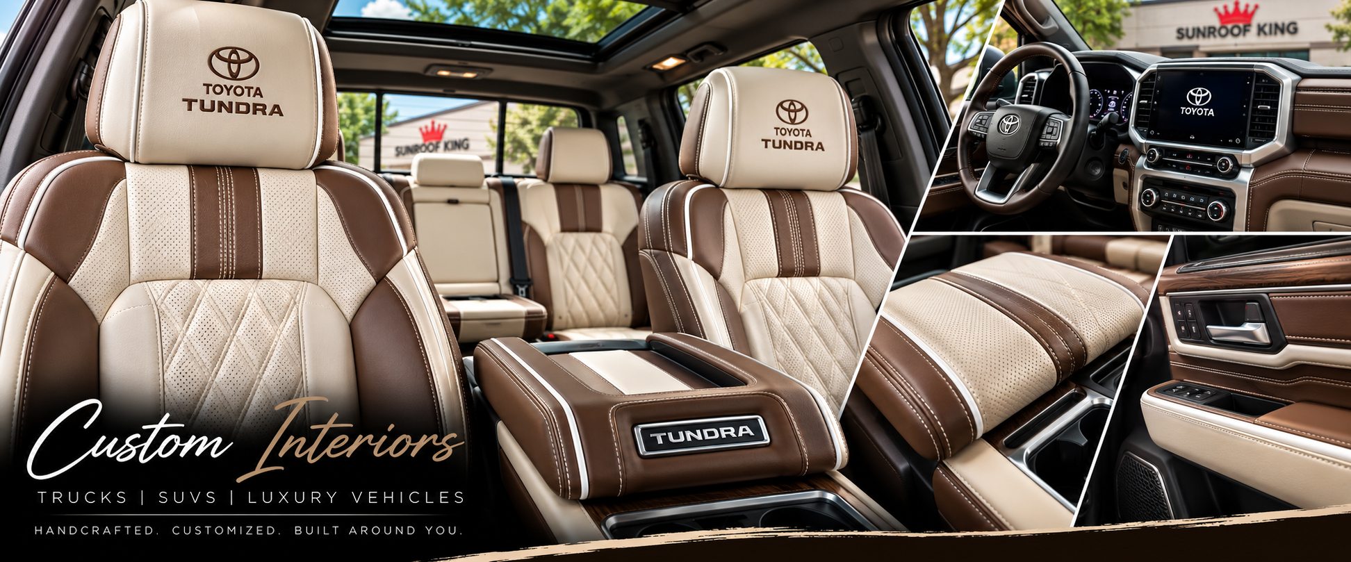 Sunroof King custom interior work for the Toyota Tundra: quilted and perforated leather seating, stitched centre console, dashboard and door trim.