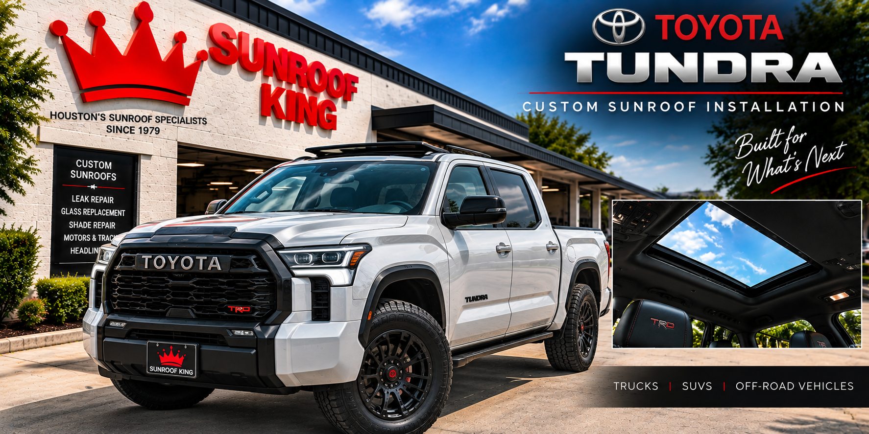 White Toyota Tundra outside the Sunroof King shop in Houston, with an inset view of the installed custom sunroof seen from inside the cab