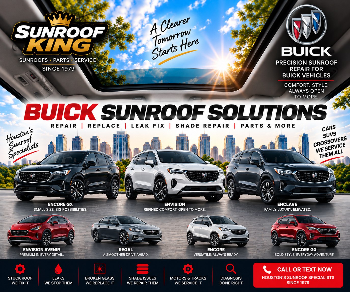 Sunroof King Buick sunroof and panoramic roof repair in Houston — Enclave, Envision, Envision Avenir, Encore, Encore GX and Regal