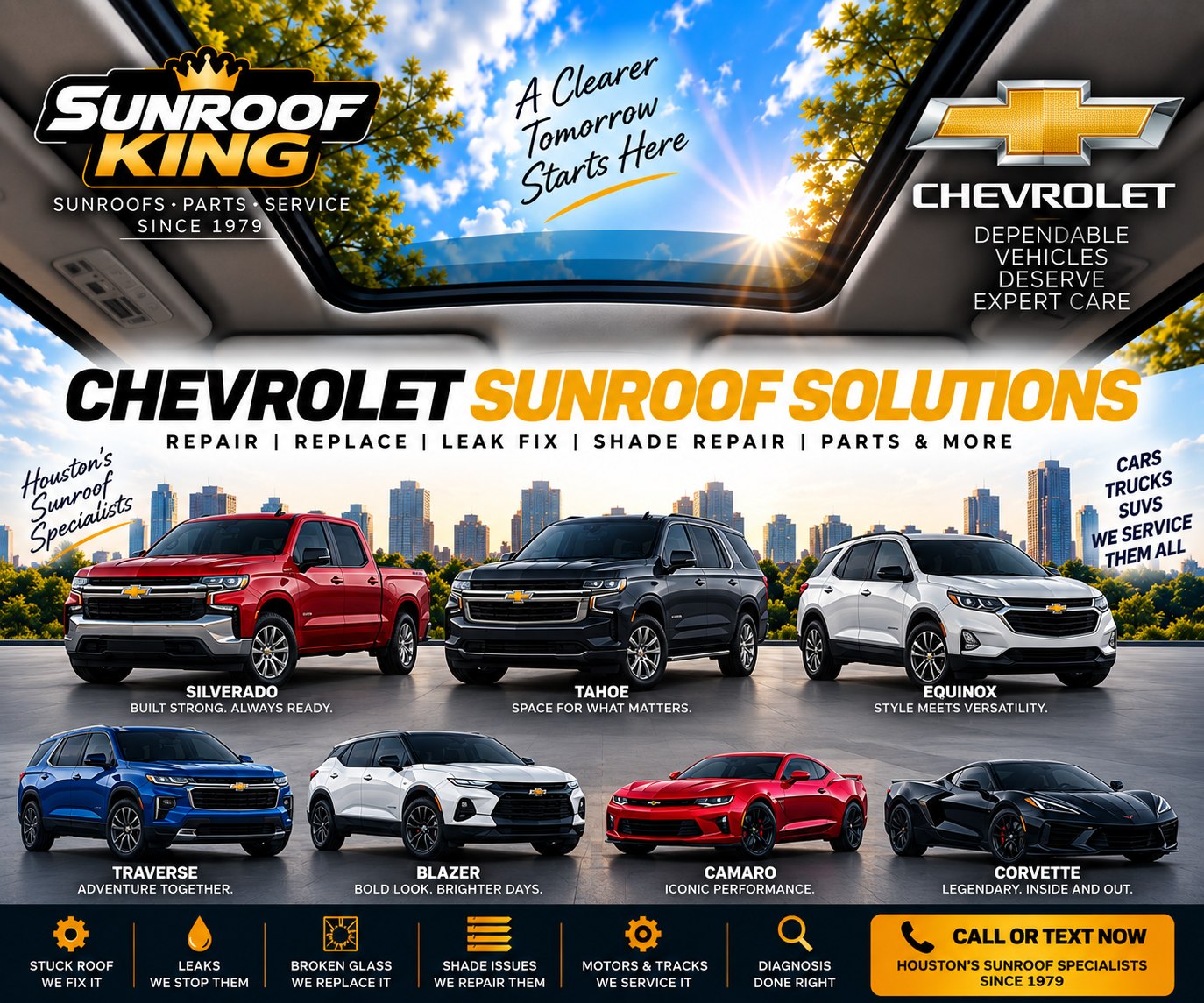 Sunroof King Chevrolet sunroof repair in Houston — Silverado, Tahoe, Equinox, Traverse, Blazer, Camaro and Corvette