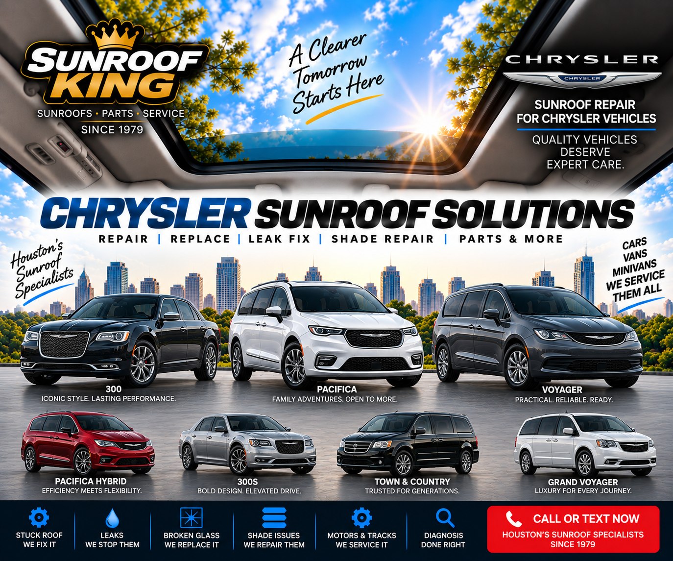 Sunroof King Chrysler sunroof repair in Houston — Pacifica, Pacifica Hybrid, Voyager, Grand Voyager, Town and Country, 300 and 300S