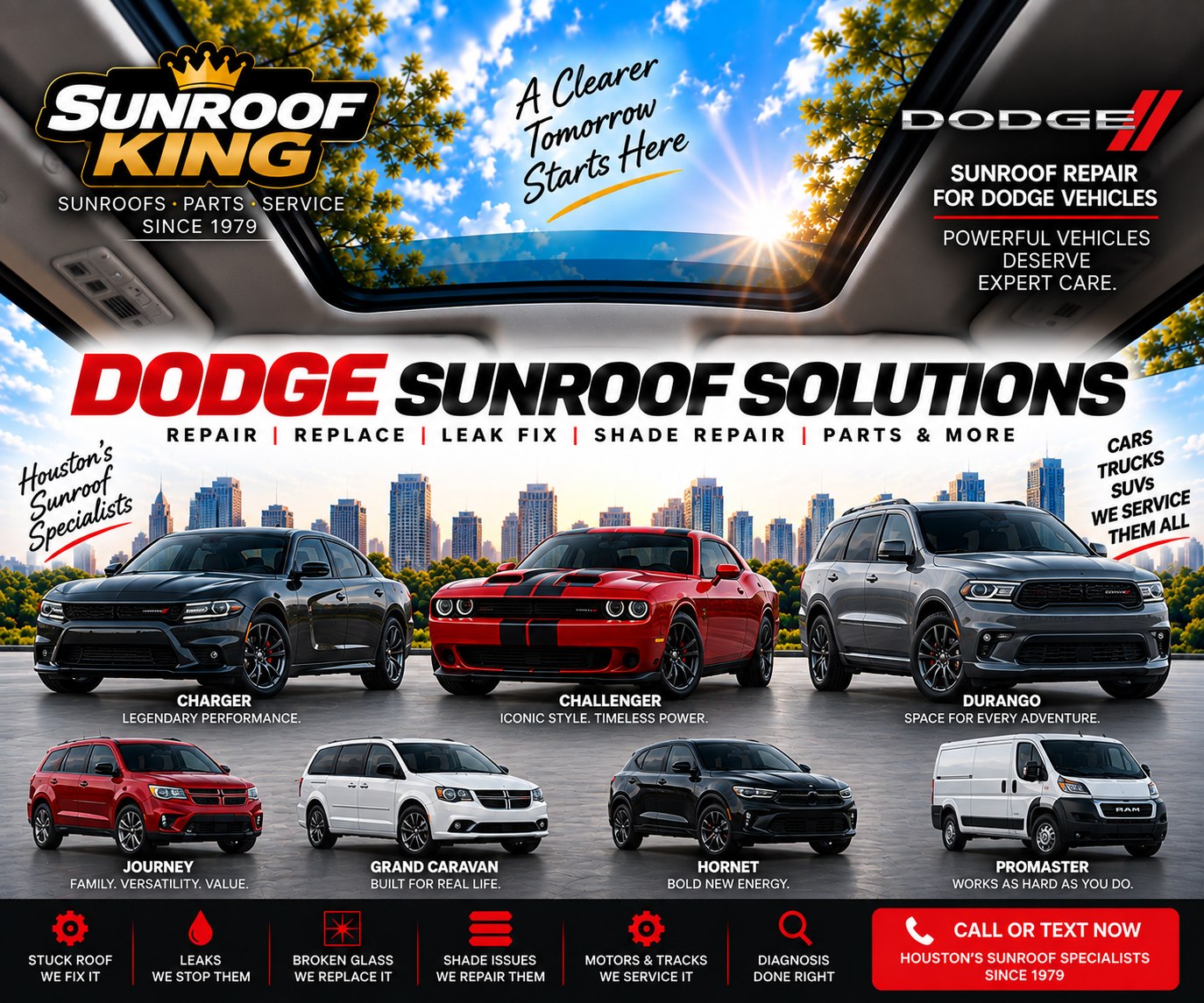 Sunroof King Dodge sunroof and panoramic roof repair in Houston — Durango, Charger, Challenger, Journey, Hornet and Grand Caravan