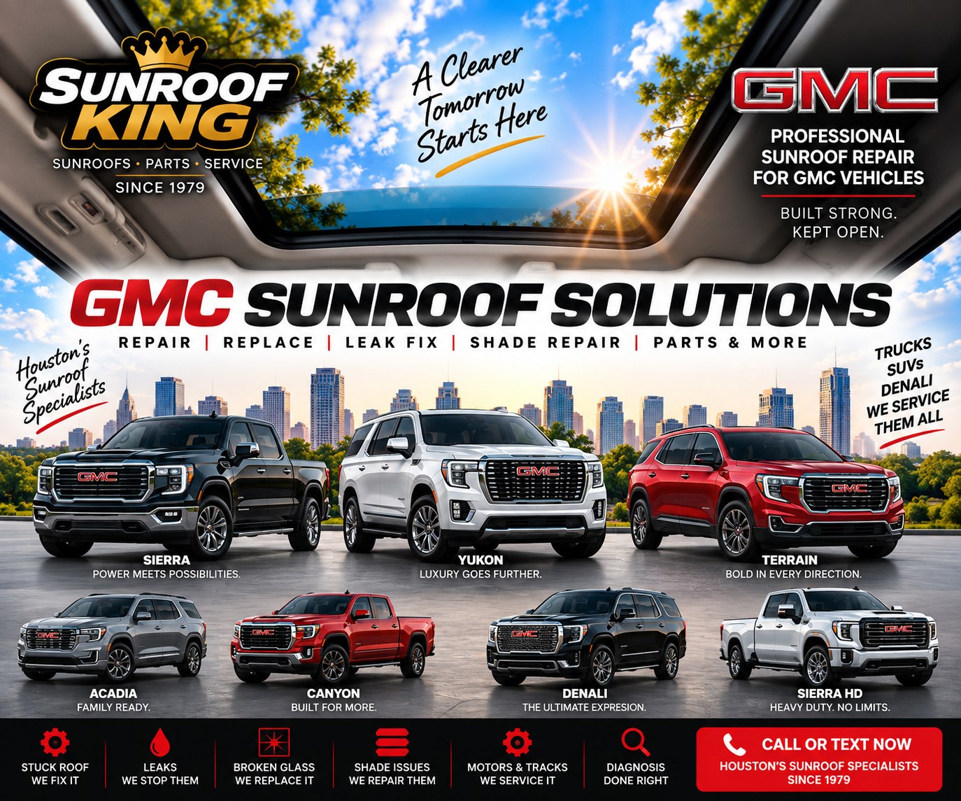 Sunroof King GMC sunroof repair in Houston — Sierra, Sierra HD, Yukon, Terrain, Acadia, Canyon and Denali trims