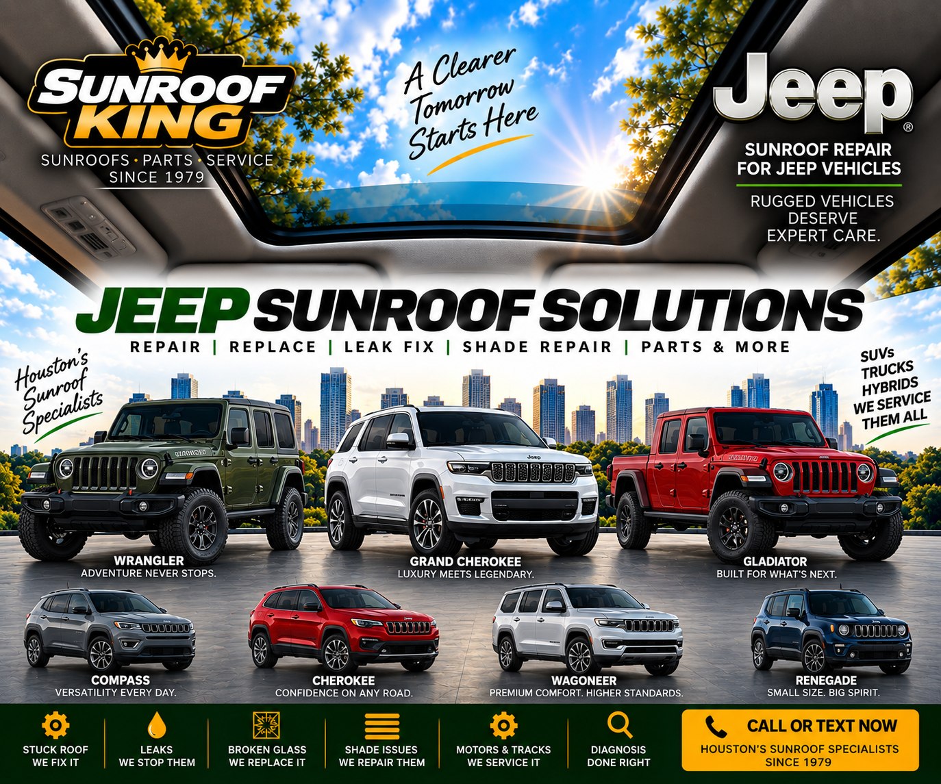 Sunroof King Jeep sunroof and panoramic roof repair in Houston — Grand Cherokee, Cherokee, Compass, Renegade, Wagoneer, Wrangler and Gladiator