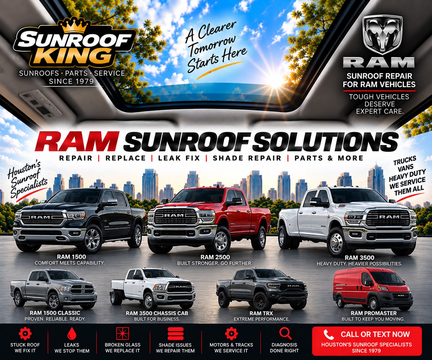 Sunroof King Ram truck sunroof repair in Houston — Ram 1500, 1500 Classic, 2500, 3500, TRX and ProMaster