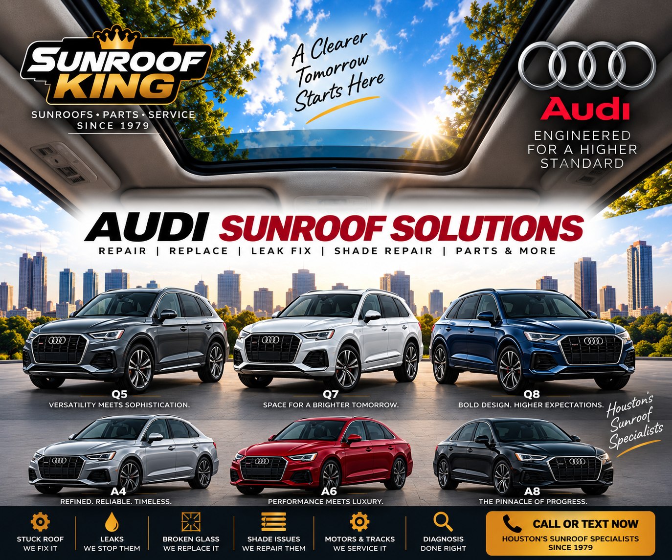 Sunroof King Audi sunroof and panoramic roof repair in Houston — Q5, Q7, Q8, A4, A6 and A8