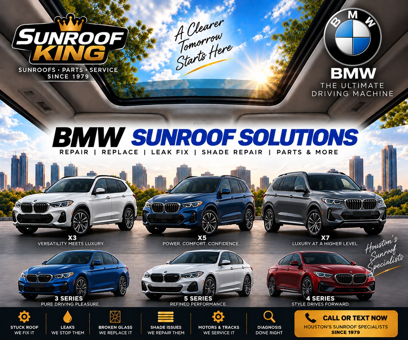 Sunroof King BMW sunroof and panoramic roof repair in Houston — X3, X5, X7, 3 Series, 4 Series and 5 Series