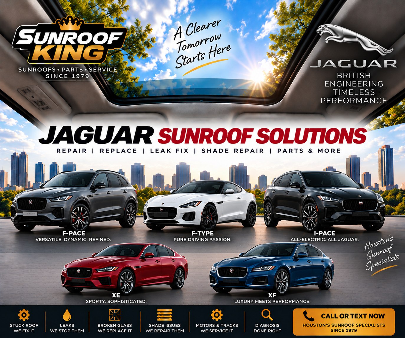 Sunroof King Jaguar sunroof and panoramic roof repair in Houston — F-PACE, I-PACE, F-TYPE, XE and XF