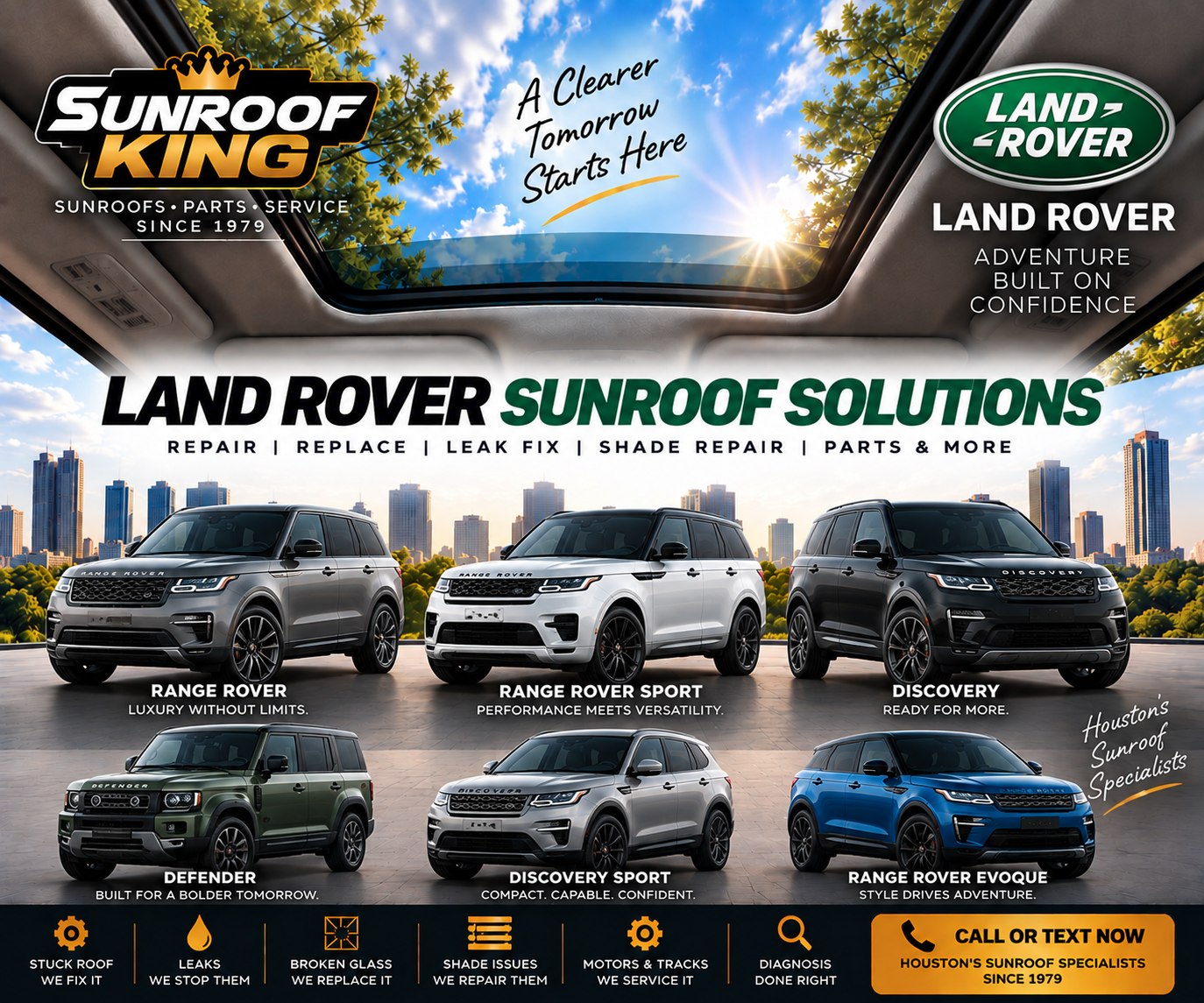 Sunroof King Land Rover sunroof and panoramic roof repair in Houston — Range Rover, Range Rover Sport, Range Rover Evoque, Discovery, Discovery Sport and Defender