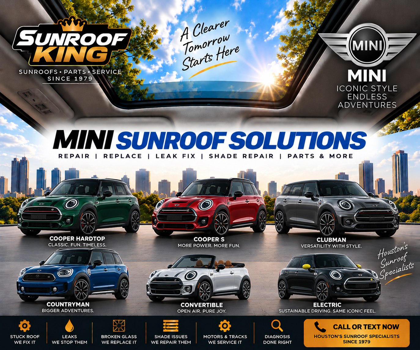Sunroof King MINI sunroof and panoramic roof repair in Houston — Cooper Hardtop, Cooper S, Clubman, Countryman, Convertible and Electric