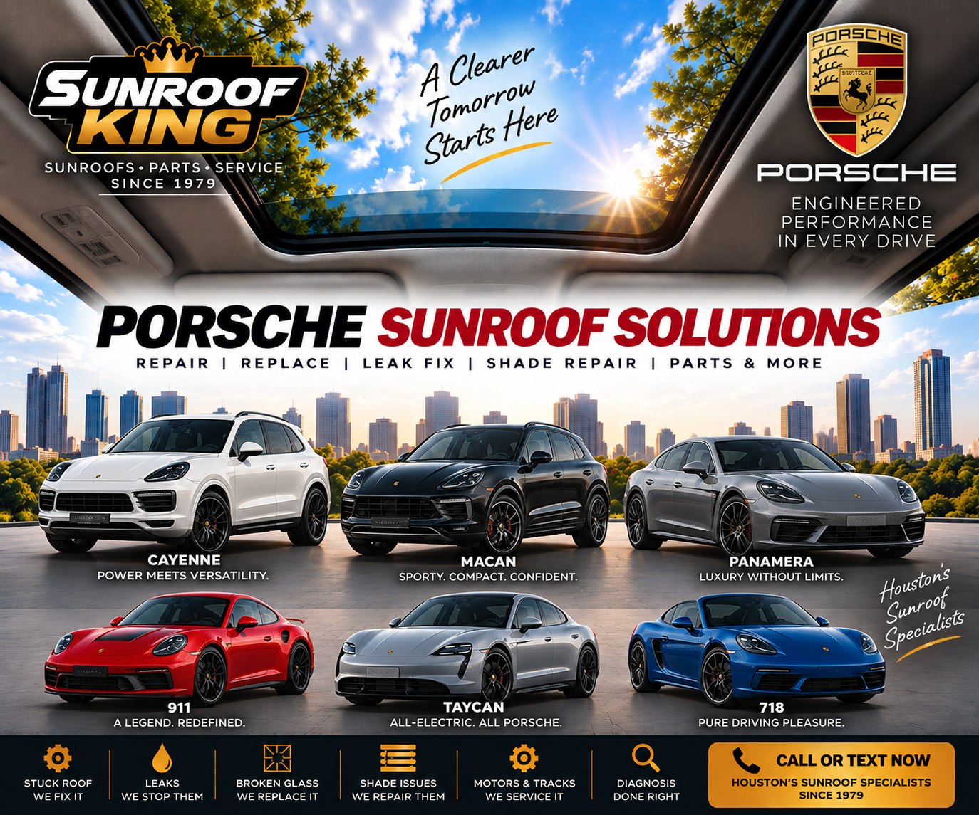 Sunroof King Porsche sunroof and panoramic roof repair in Houston — Cayenne, Macan, Panamera, 911, Taycan and 718