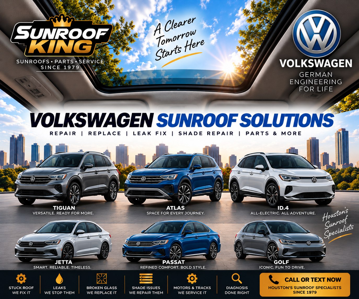 Sunroof King Volkswagen sunroof and panoramic roof repair in Houston — Tiguan, Atlas, ID.4, Jetta, Passat and Golf