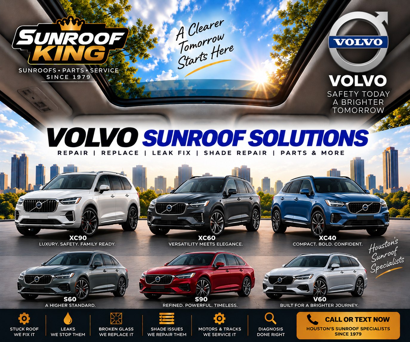 Sunroof King Volvo sunroof and panoramic roof repair in Houston — XC90, XC60, XC40, S60, S90 and V60