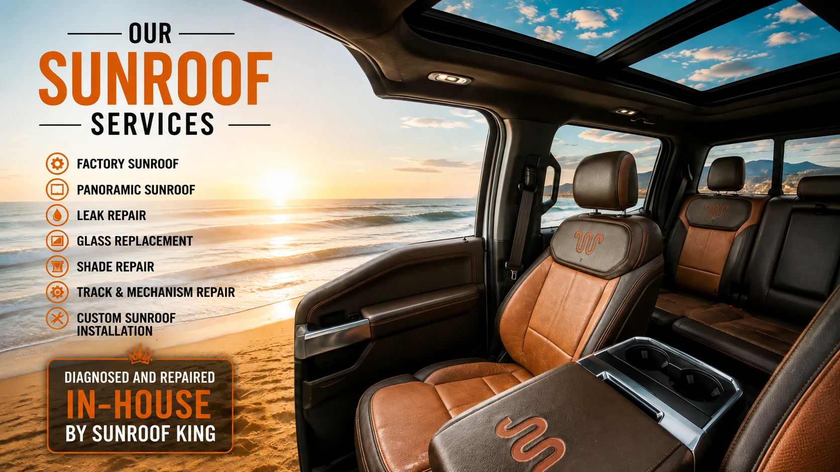 Sunroof King Ford F-150 sunroof services: factory sunroof, panoramic sunroof, leak repair, glass replacement, shade repair, track and mechanism repair, and custom sunroof installation &mdash; diagnosed and repaired in-house by Sunroof King.